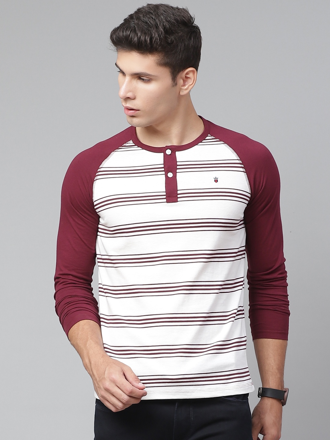 

Louis Philippe Jeans Men Burgundy & White Striped Henley Neck T-shirt
