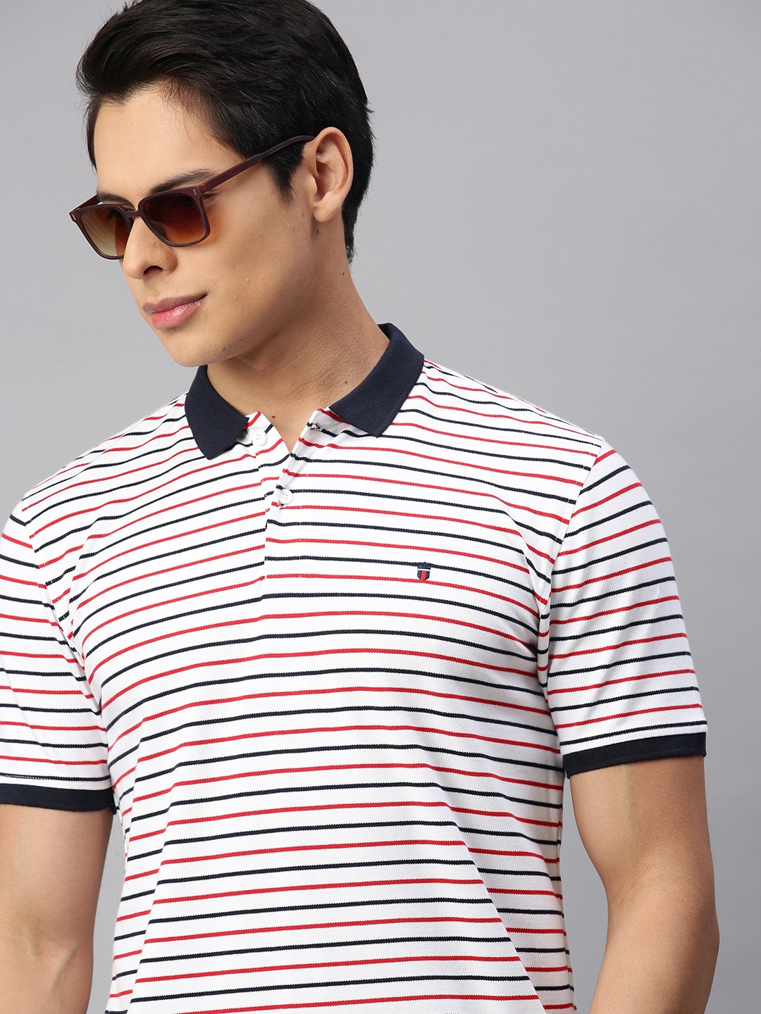 

Louis Philippe Sport Men Navy Blue & Red Striped Polo Collar T-shirt
