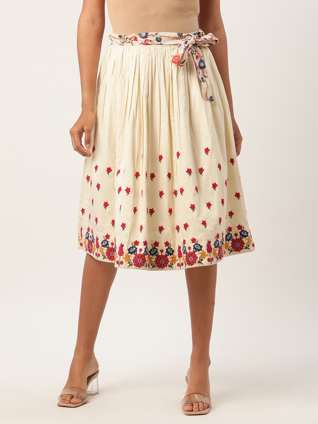 

ROOTED Women Off White & Red Floral Embroidered Midi-Length Flared Skirt