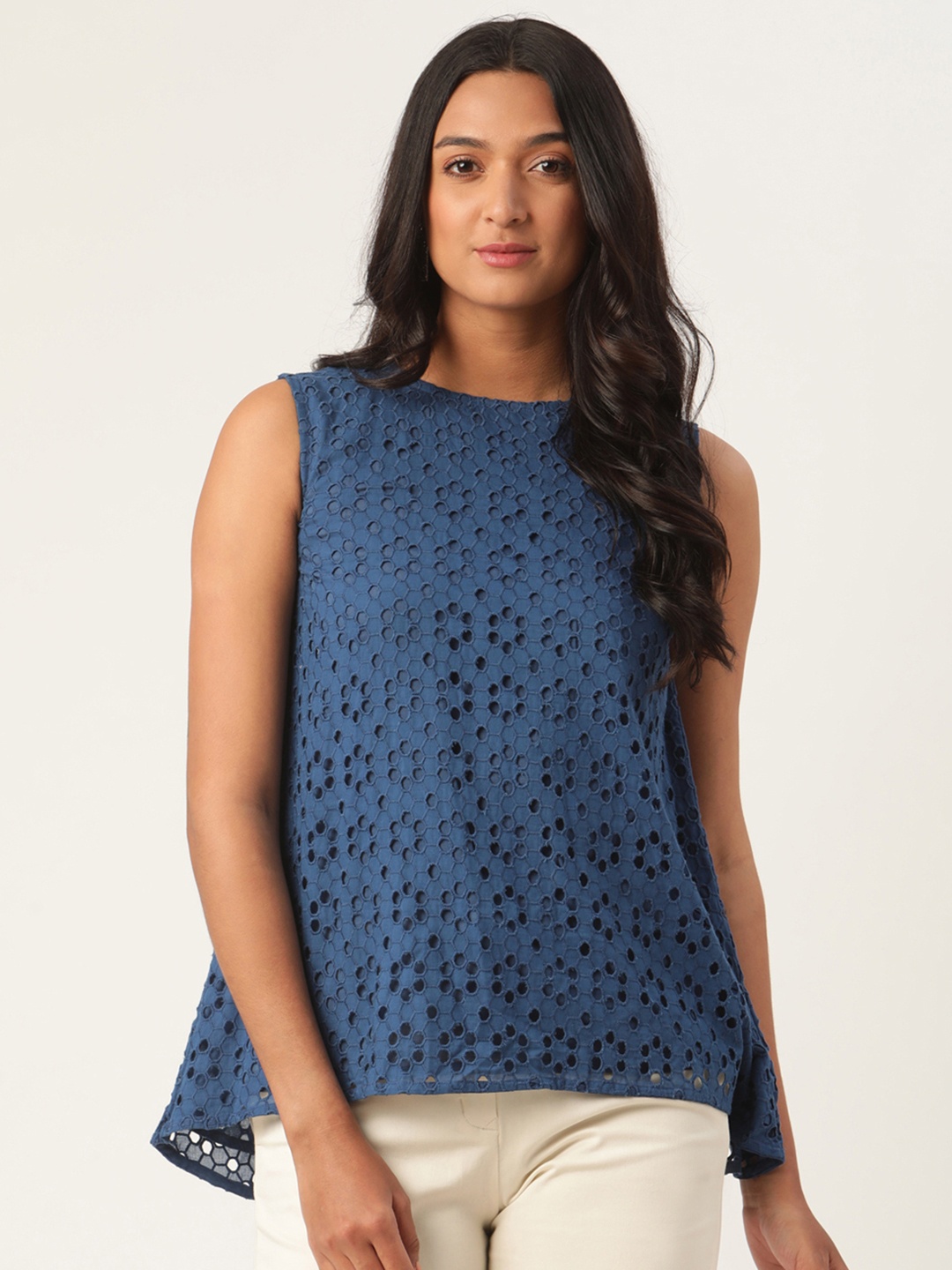 

ROOTED Blue Geometric Embroidered Regular Top