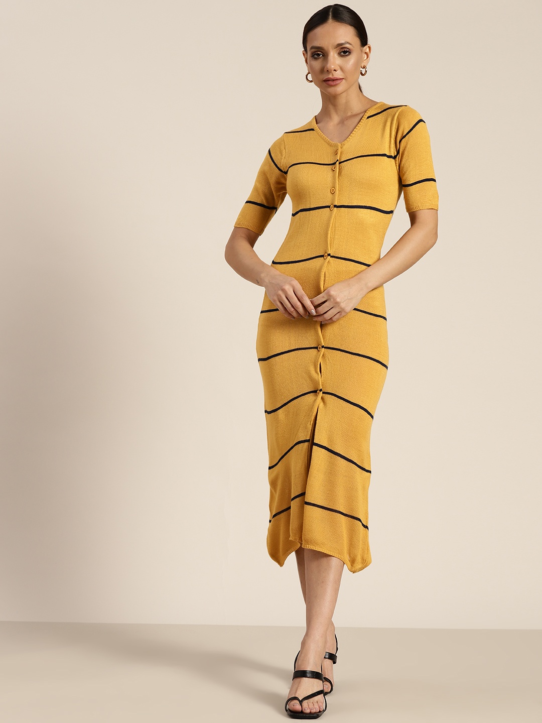 

her by invictus Mustard Yellow & Navy Blue Striped Bodycon Midi Dress