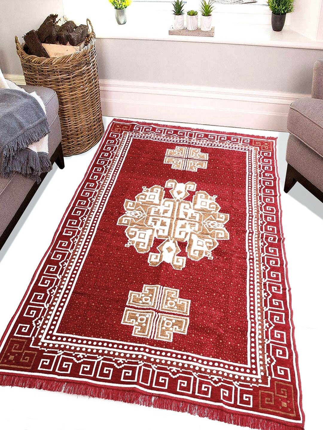 

BELLA TRUE Maroon & White Printed Rectangle Floor Carpet