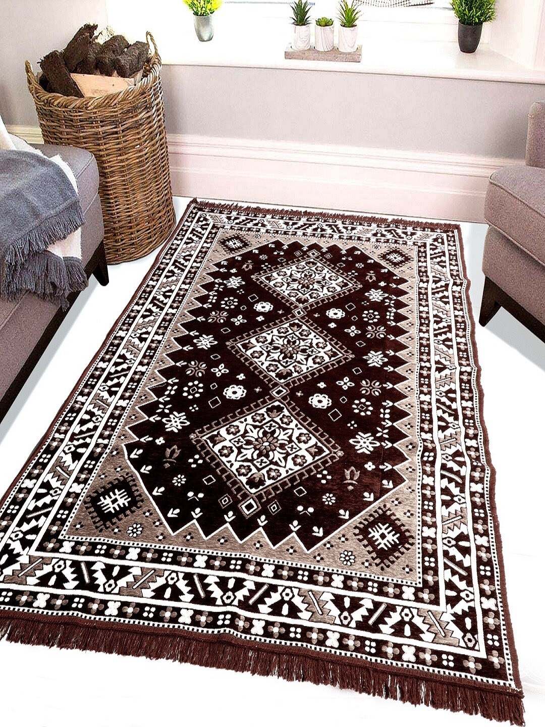 

BELLA TRUE Brown & White Ethnic Motifs Printed Traditional Chenille Floor Carpet