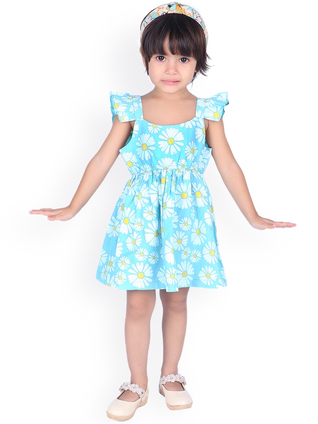 

Nino Bambino Turquoise Blue & Yellow Floral Organic Cotton Sustainable A-Line Dress