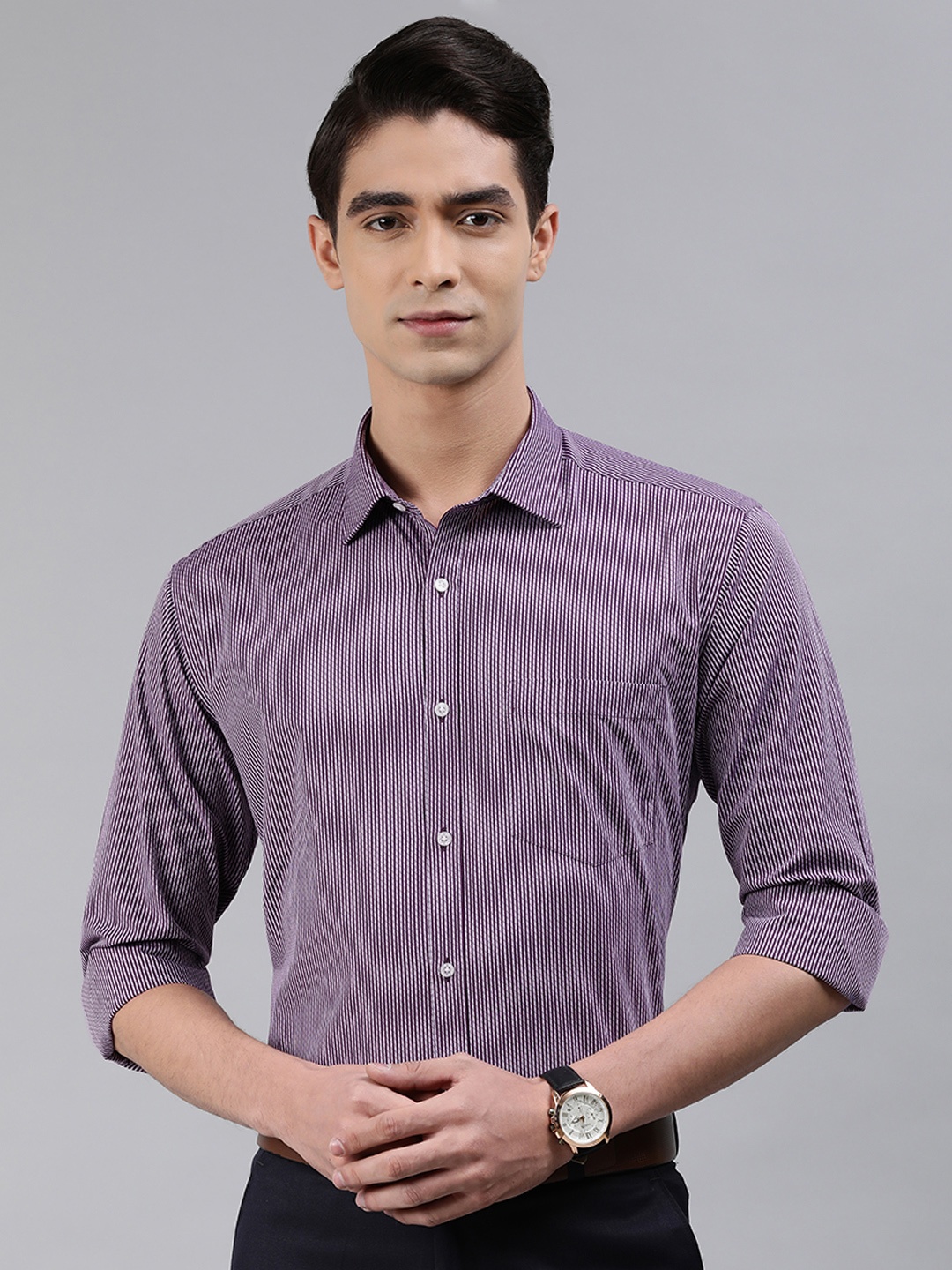 

Park Avenue Men Purple & White Cotton Slim Fit Striped Formal Shirt