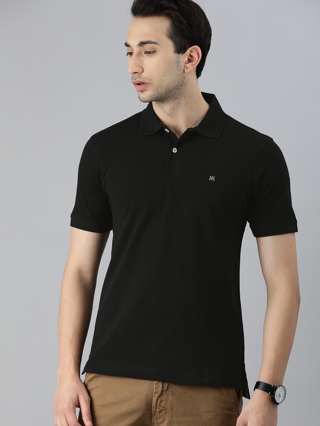 

Raymond Men Black Solid Modern Fit Polo Collar Pure Cotton T-shirt