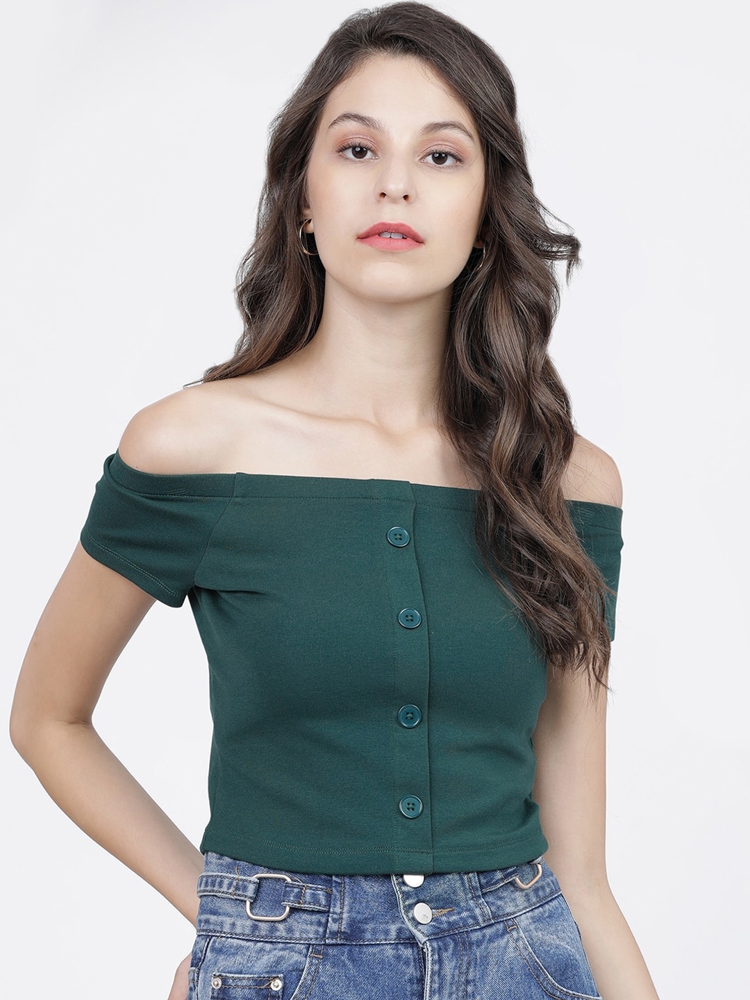 

Tokyo Talkies Green Solid Off-Shoulder Knitted Bardot Top