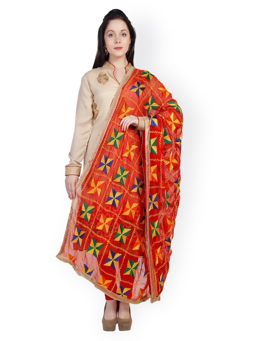 

Dupatta Bazaar Red Phulkari Embroidered Dupatta