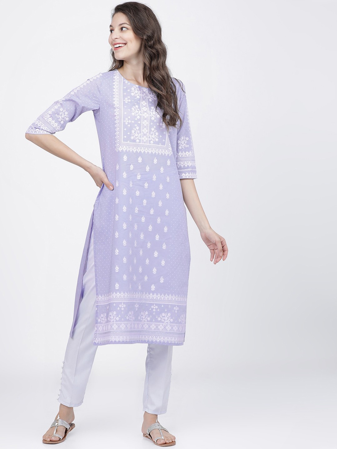 

Vishudh Women Mauve Ethnic Motifs Print Pure Cotton Straight Kurta