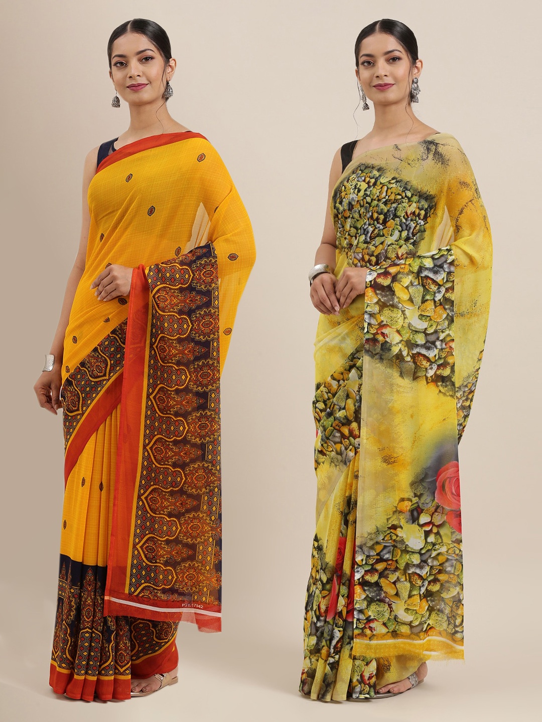 

KALINI Pack Of 2 Printed Poly Georgette Sarees, Yellow