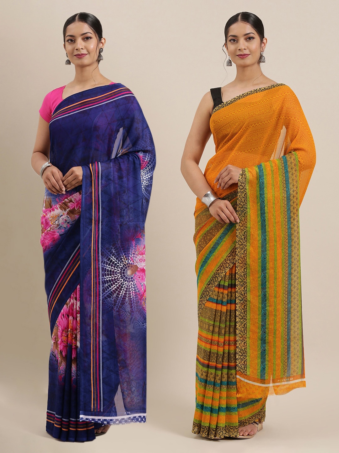 

ANAND SAREES Pack Of 2 Printed Poly Georgette Sarees, Navy blue