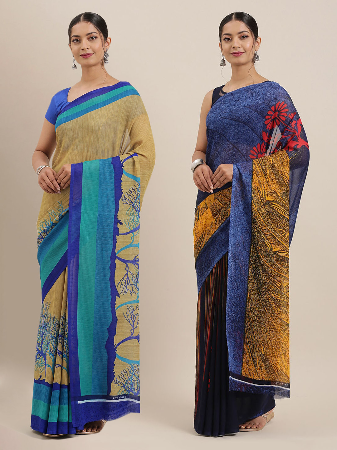 

ANAND SAREES Pack Of 2 Poly Georgette Sarees, Beige