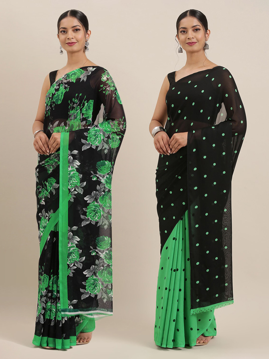 

ANAND SAREES Pack Of 2 Printed Poly Georgette Sarees, Black