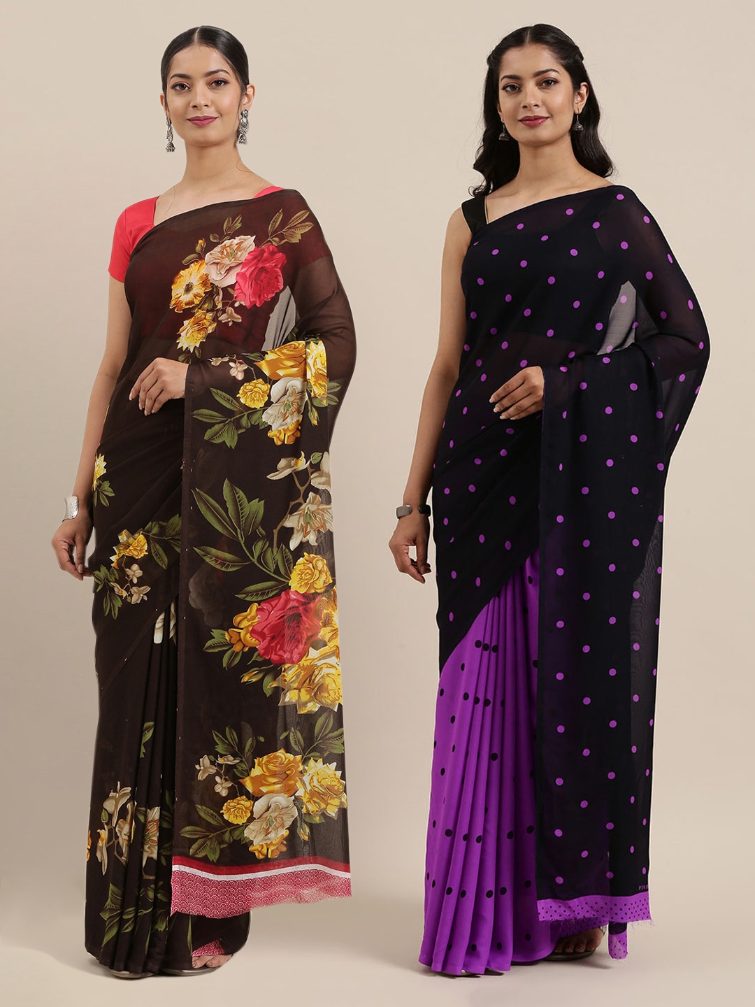 

ANAND SAREES Pack Of 2 Printed Poly Georgette Sarees, Black