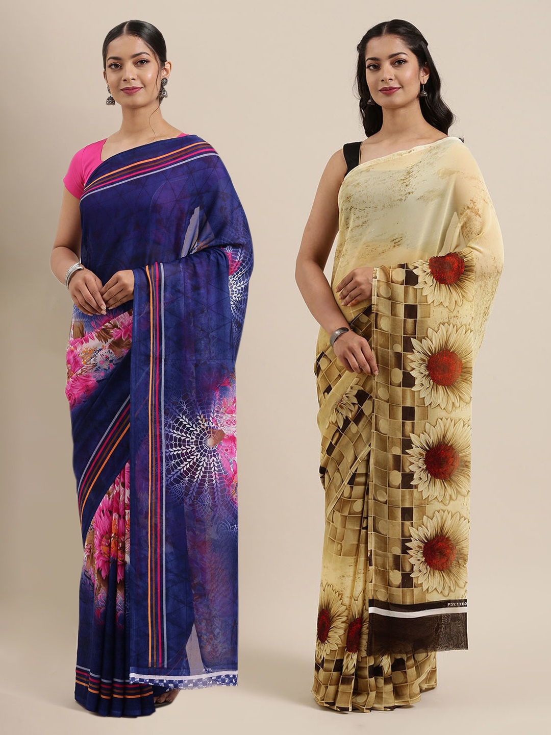 

ANAND SAREES Pack Of 2 Printed Poly Georgette Sarees, Navy blue