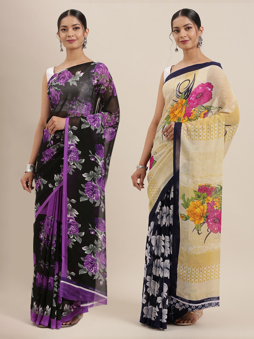

KALINI Pack Of 2 Printed Poly Georgette Sarees, Black
