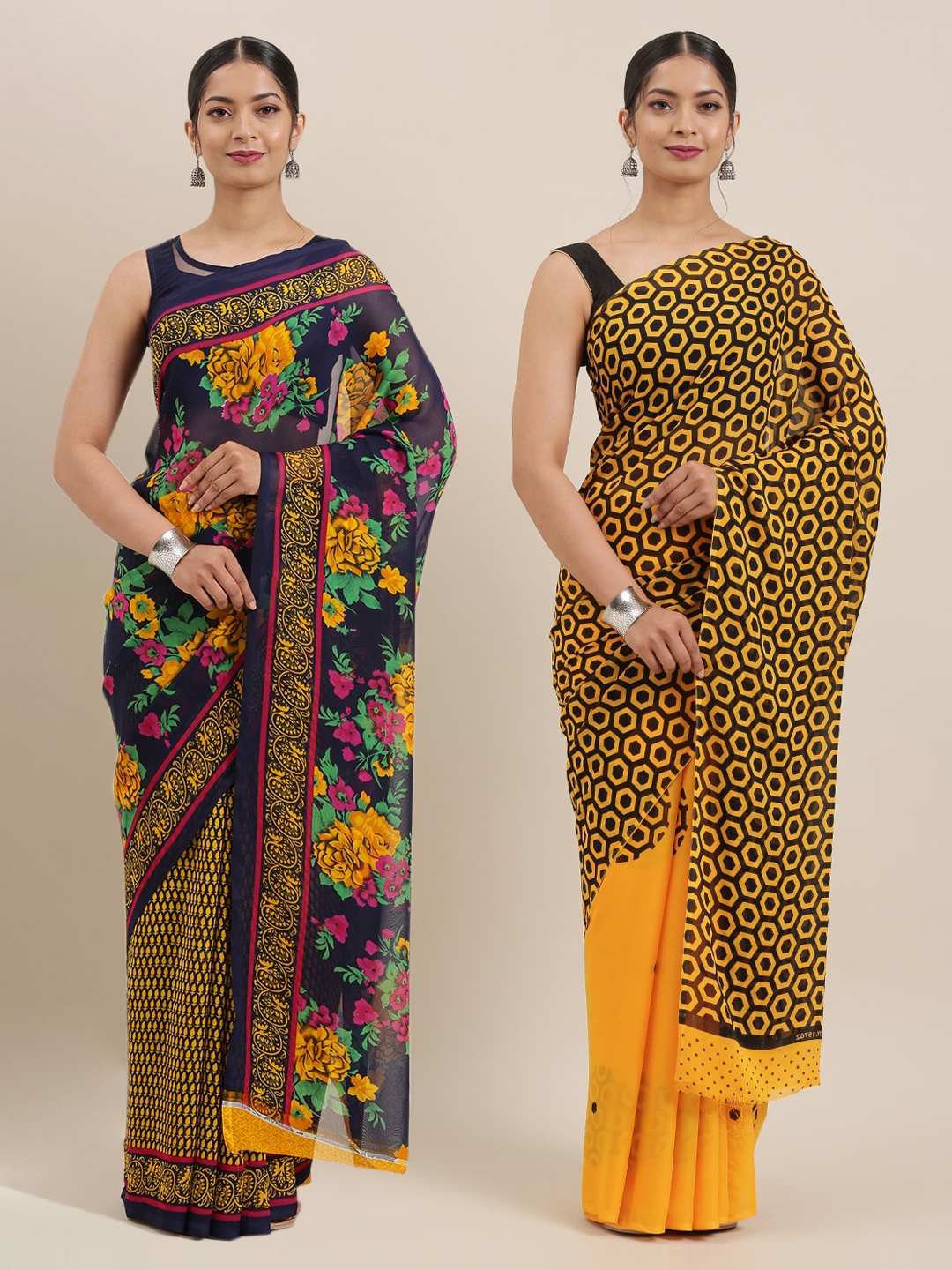 

KALINI Pack Of 2 Printed Poly Georgette Sarees, Navy blue