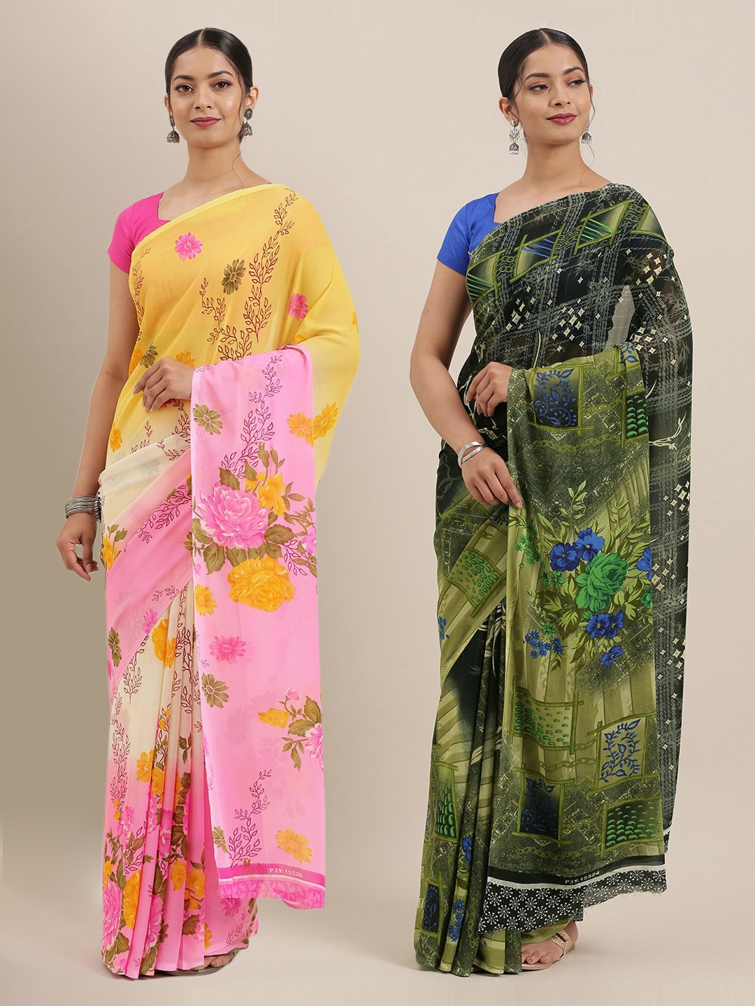 

KALINI Pack Of 2 Printed Poly Georgette Sarees, Pink