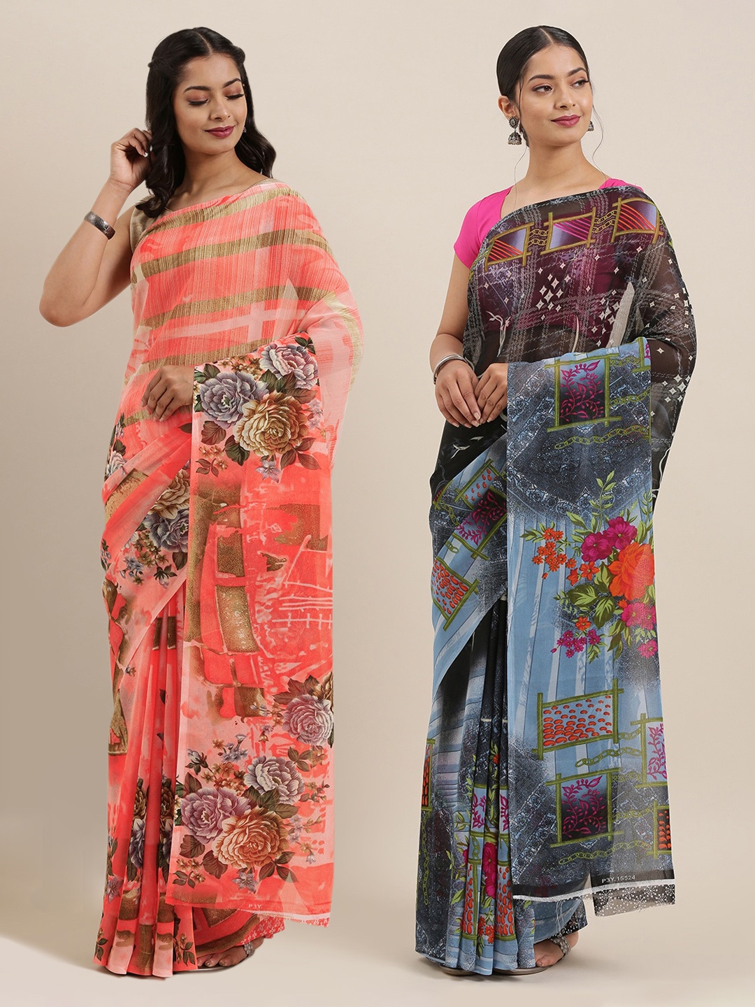 

ANAND SAREES Pack Of 2 Printed Poly Georgette Sarees, Peach