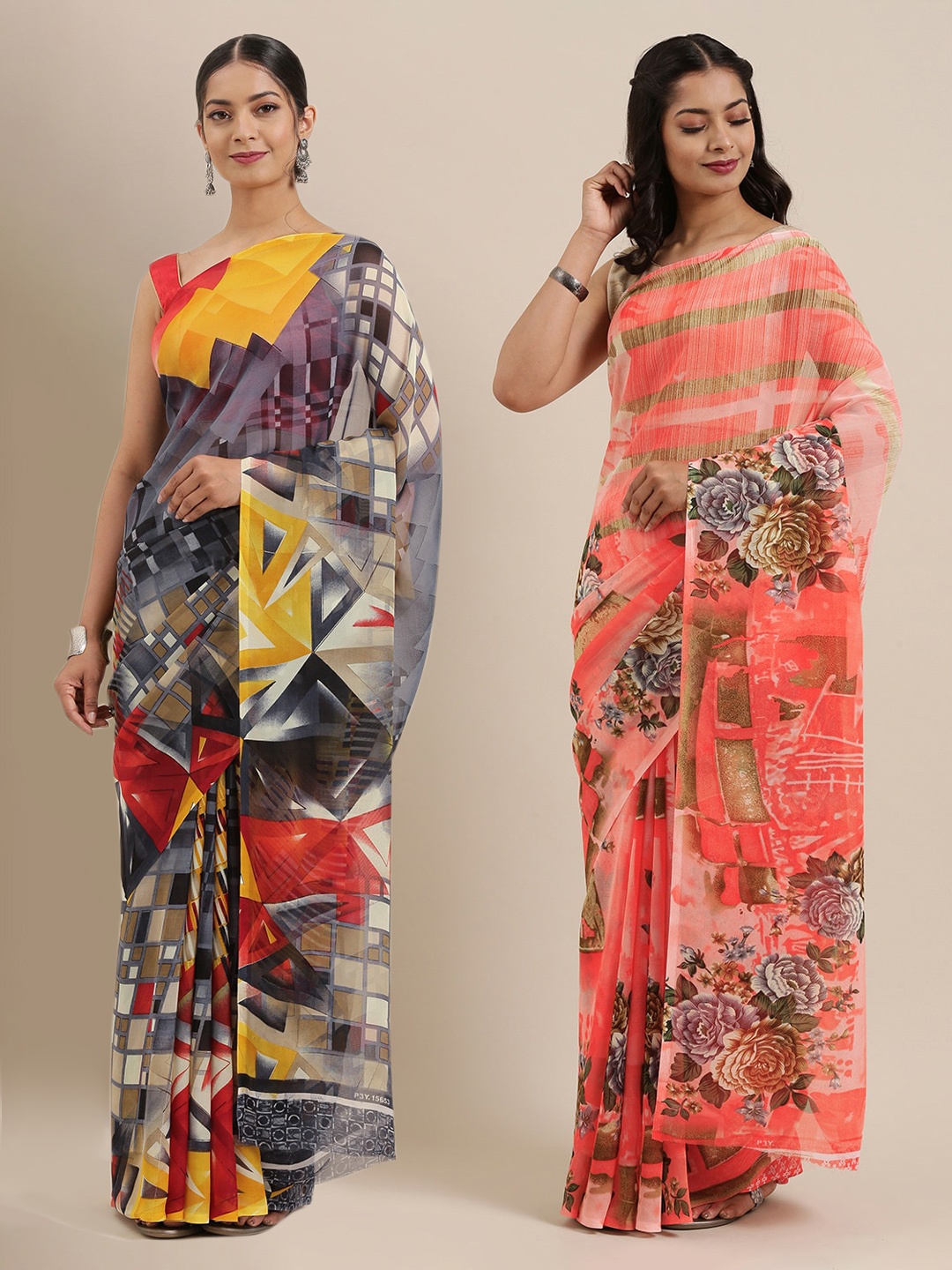 

ANAND SAREES Pack Of 2 Printed Poly Georgette Sarees, Grey