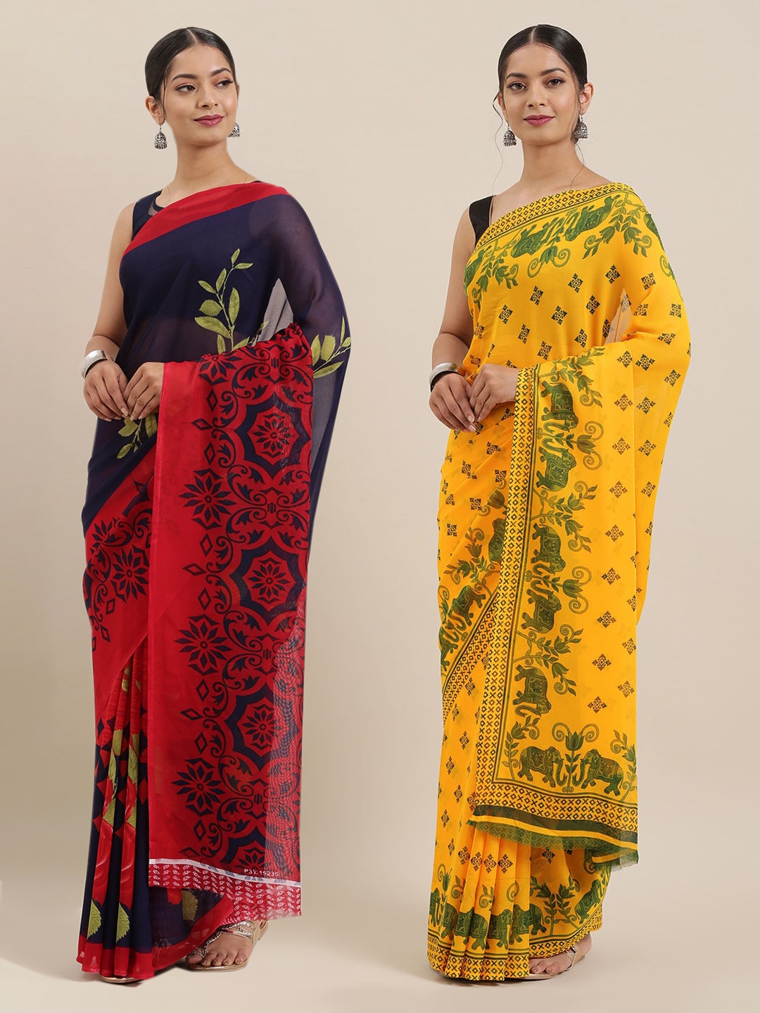 

ANAND SAREES Pack Of 2 Printed Poly Georgette Sarees, Black