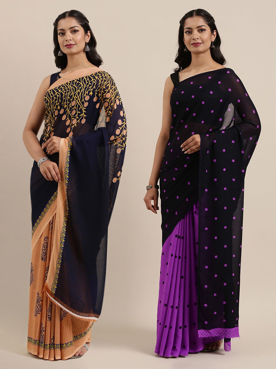 

ANAND SAREES Pack Of 2 Printed Poly Georgette Half and Half Saree, Black