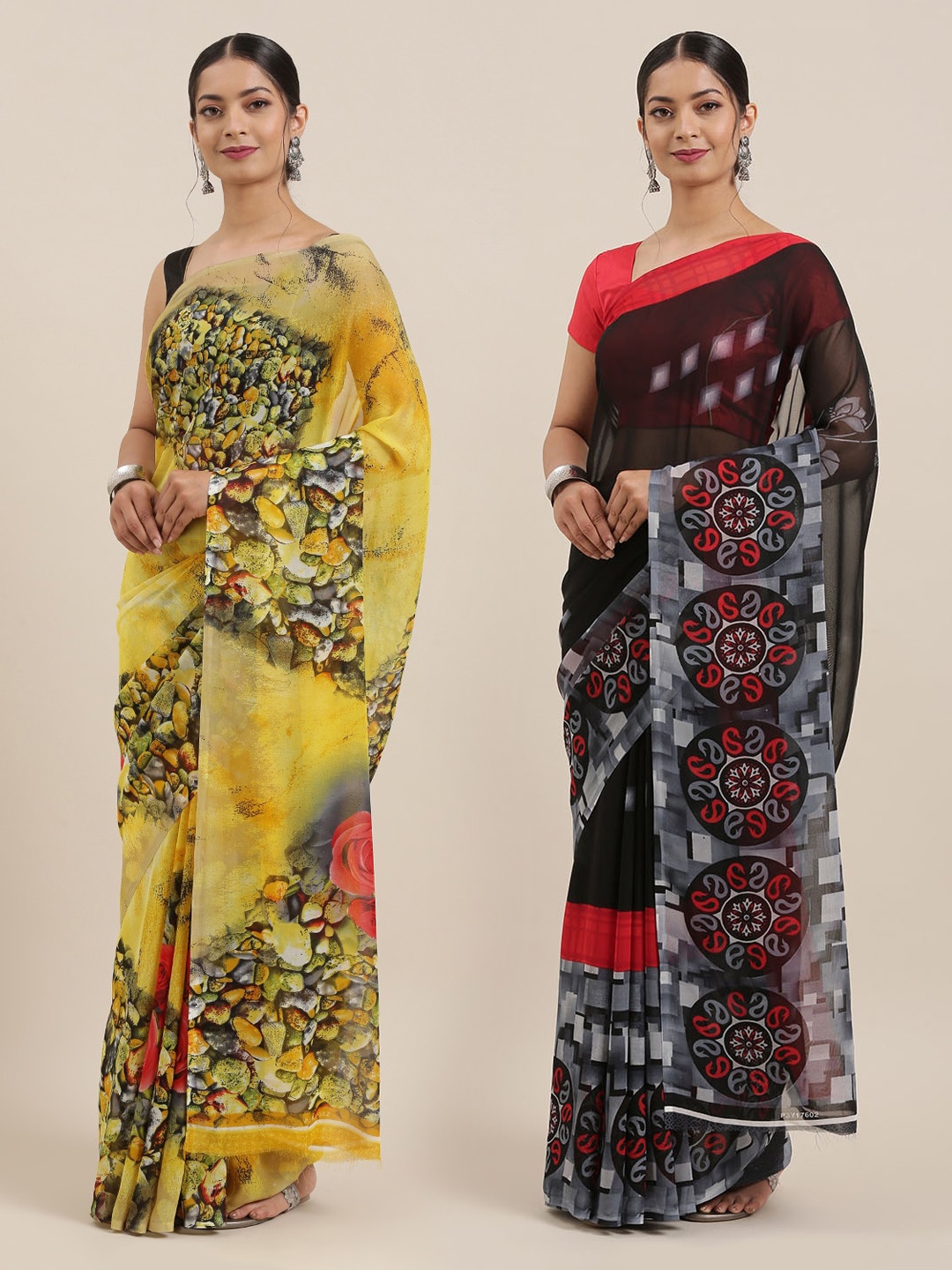 

ANAND SAREES Pack Of 2 Printed Poly Georgette Saree, Yellow