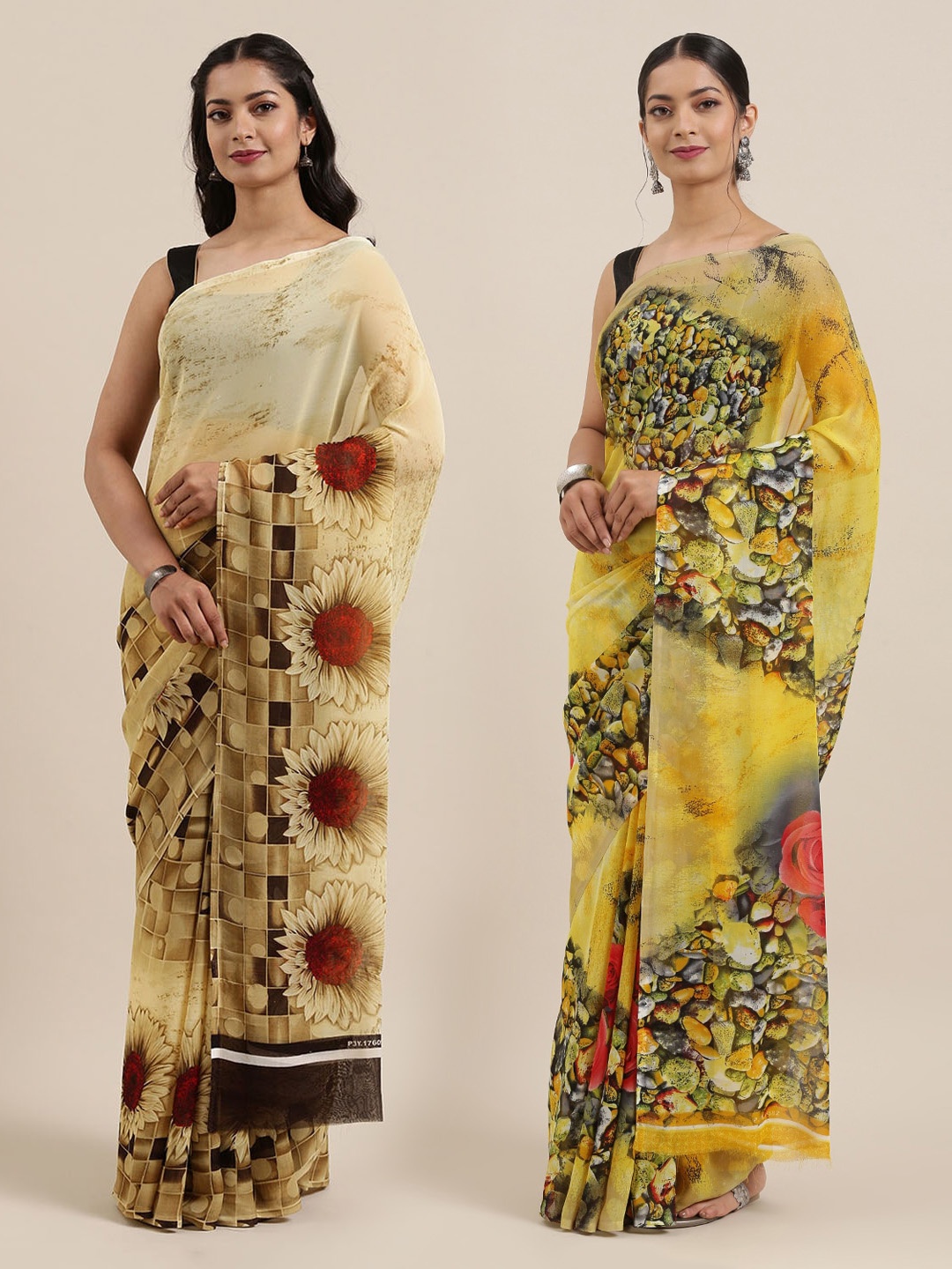 

KALINI Pack Of 2 Printed Poly Georgette Saree, Beige