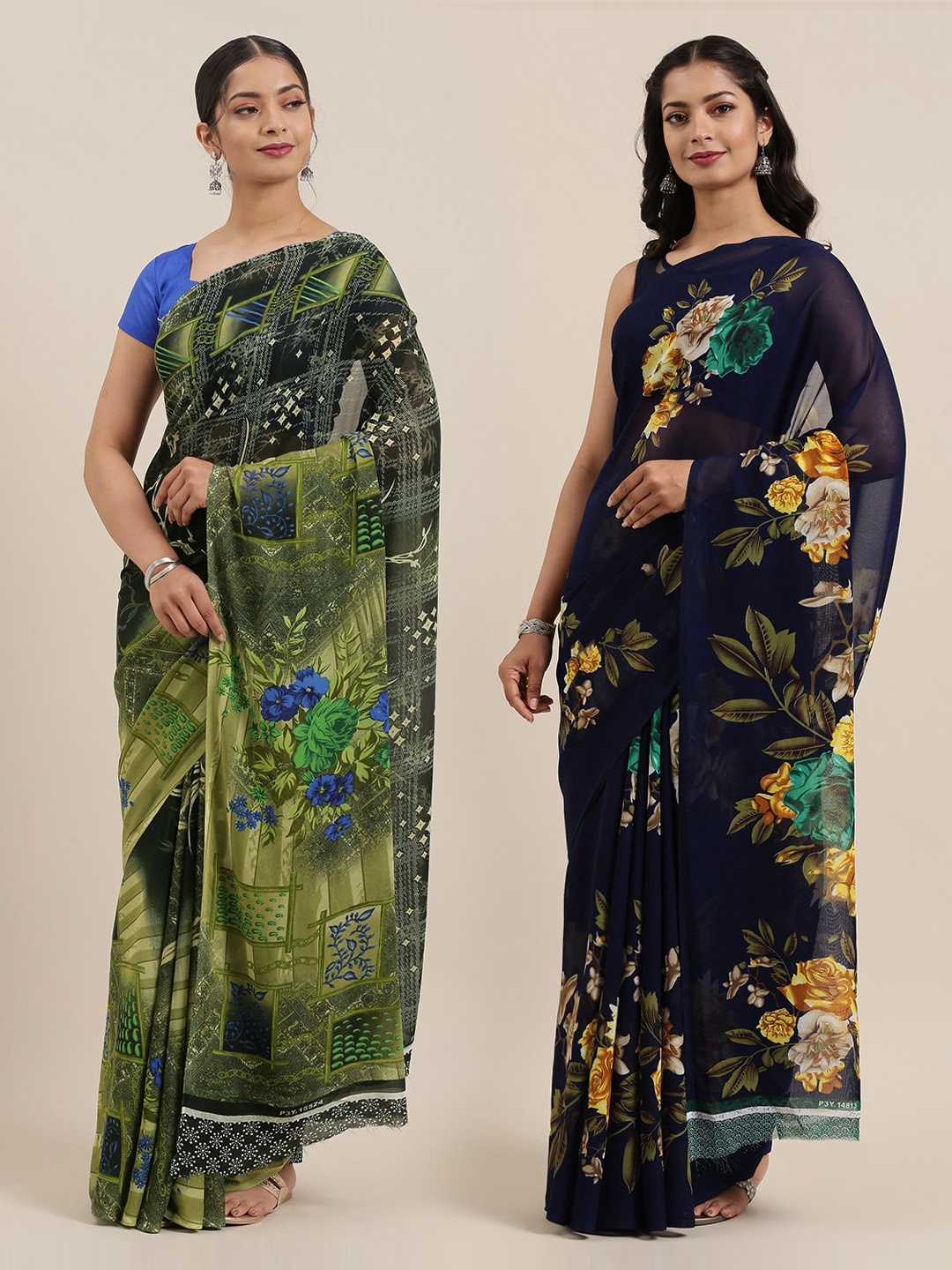 

KALINI Pack Of 2 Printed Poly Georgette Saree, Green