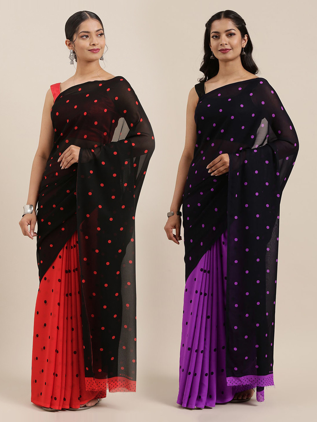 

ANAND SAREES Pack Of 2 Printed Half And Half Poly Georgette Saree, Black