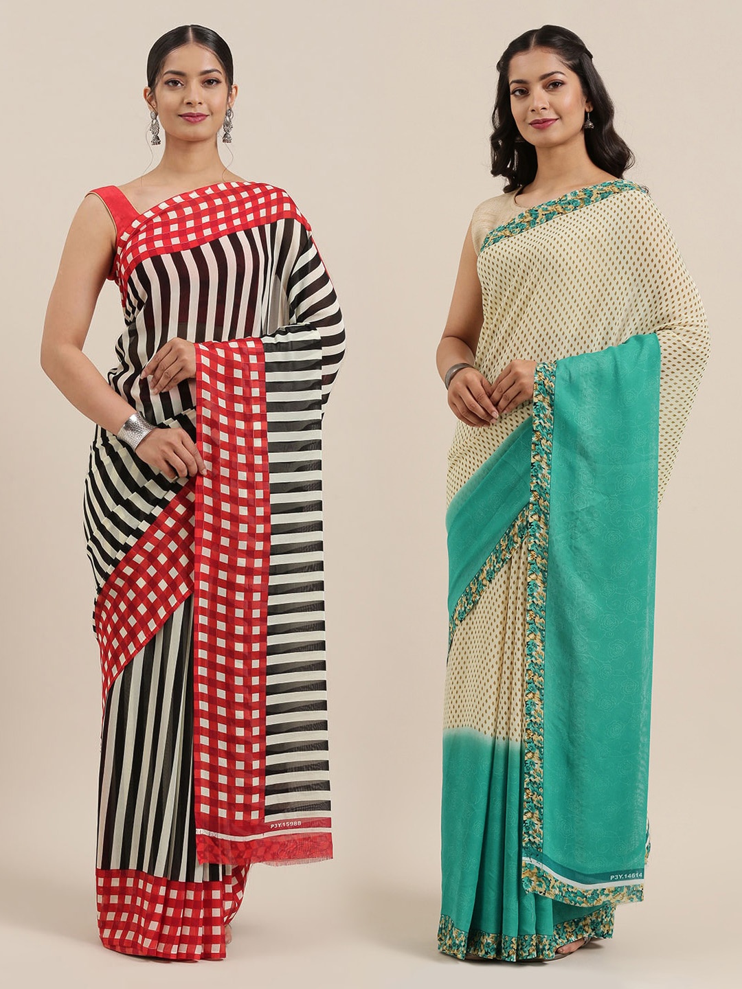 

KALINI Women Pack of 2 Sarees, Cream