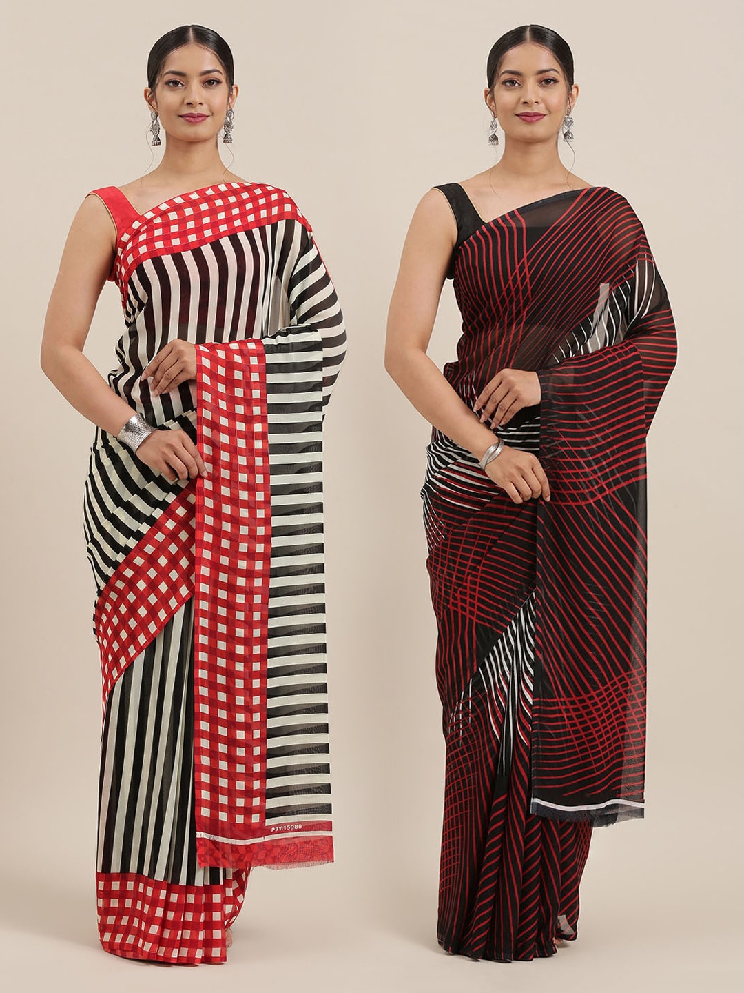 

KALINI Women Pack of 2 Striped Sarees, Black
