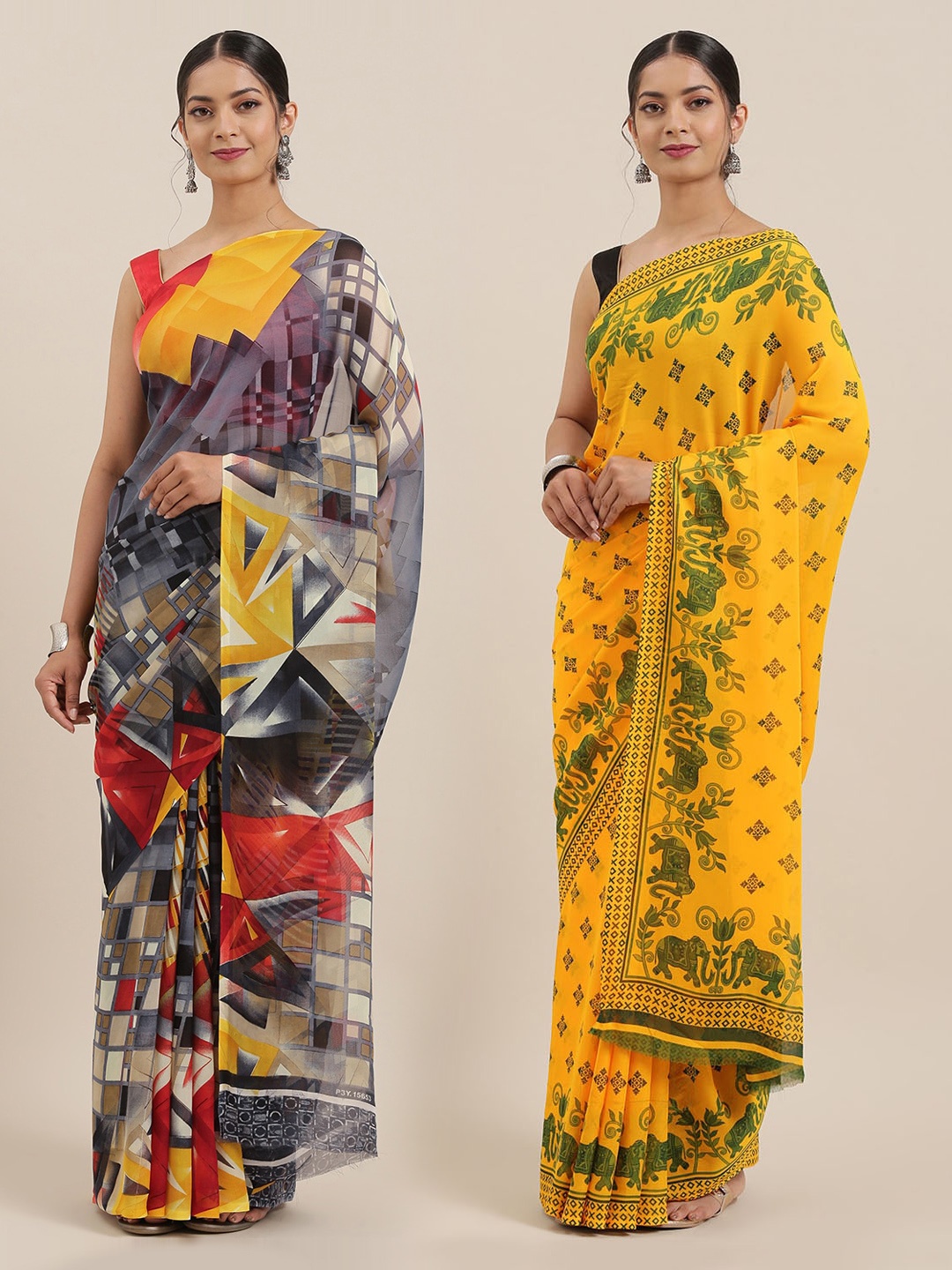 

ANAND SAREES Women Pack of 2 Printed Sarees, Yellow