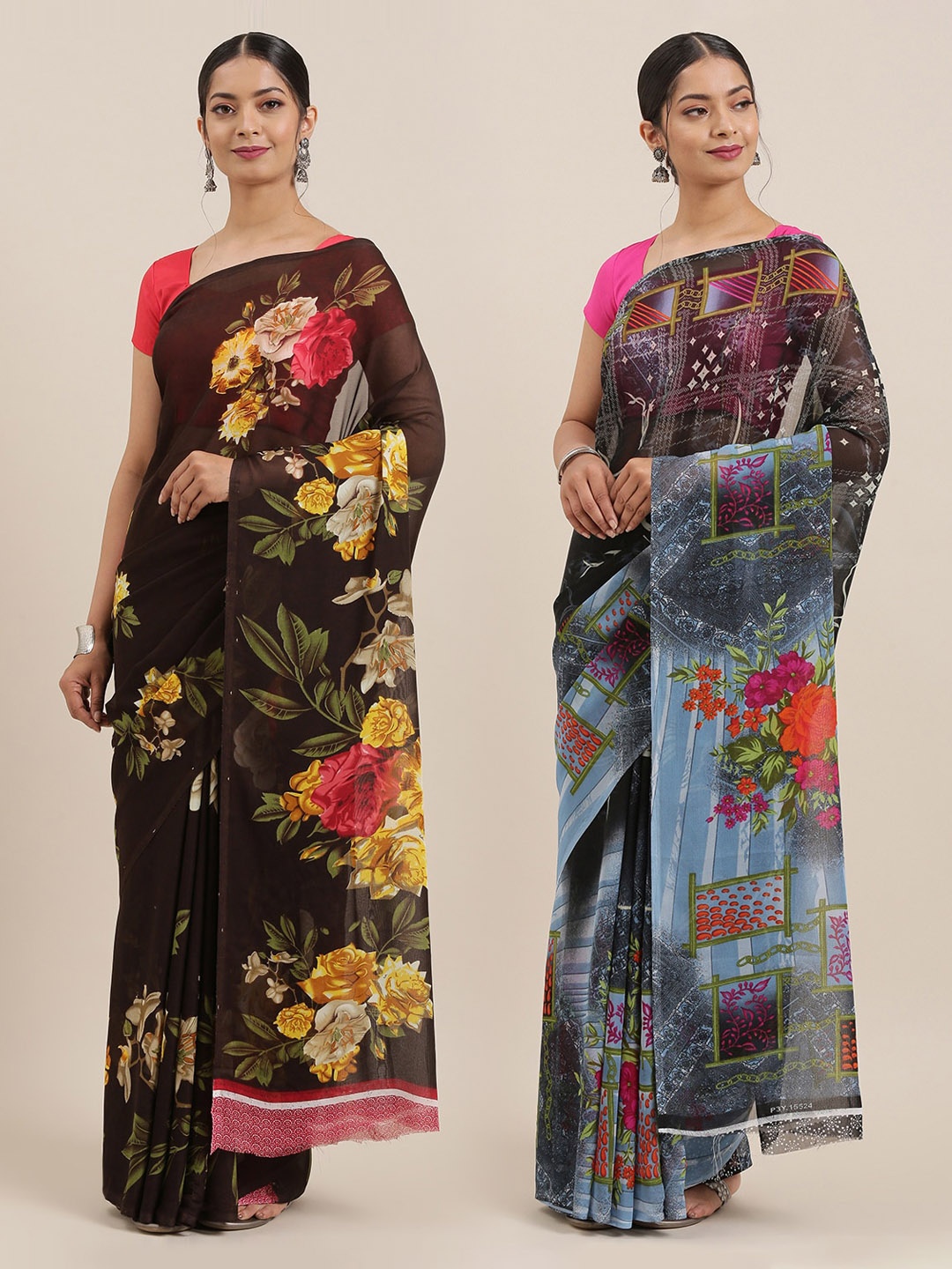 

ANAND SAREES Women Pack of 2 Printed Sarees, Black