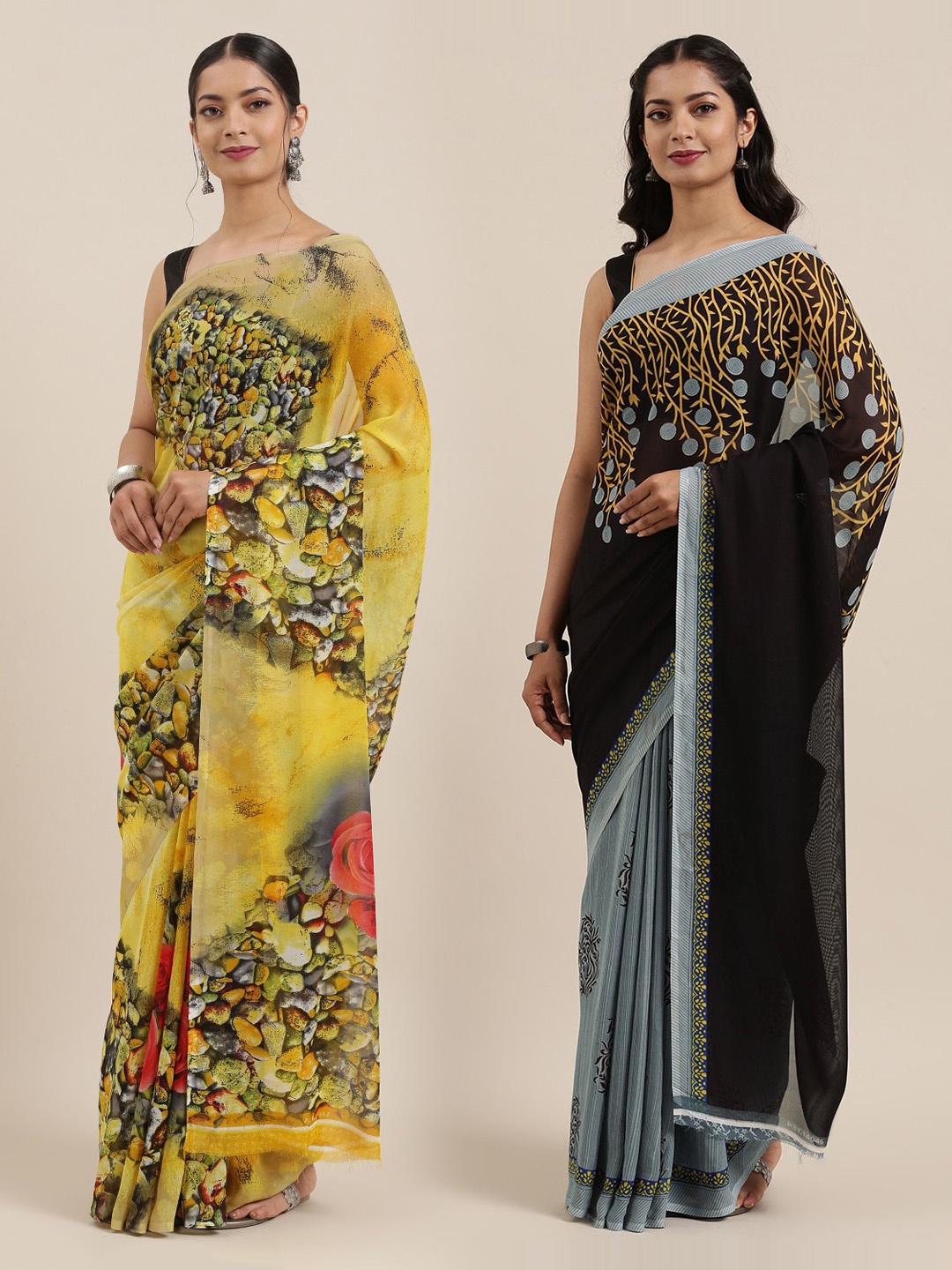 

ANAND SAREES Women Pack of 2 Printed Sarees, Black