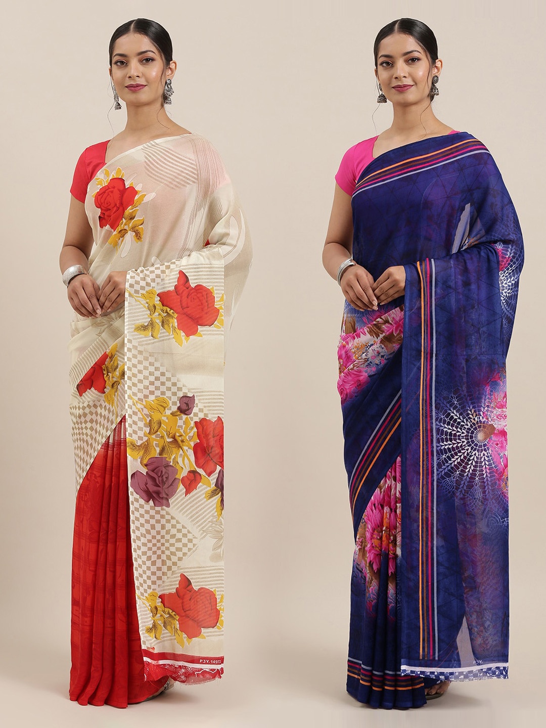 

ANAND SAREES Women Pack of 2 Printed Sarees, Navy blue