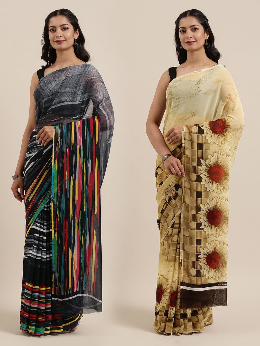 

ANAND SAREES Women Pack of 2 Printed Sarees, Beige