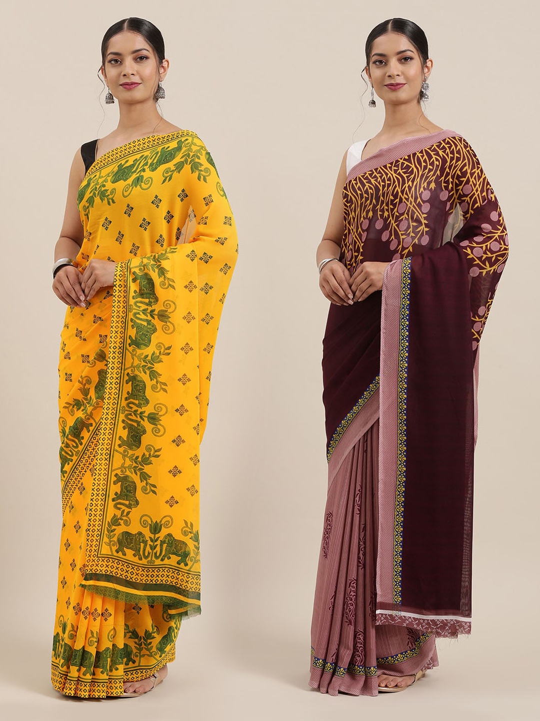 

ANAND SAREES Women Pack of 2 Printed Sarees, Burgundy