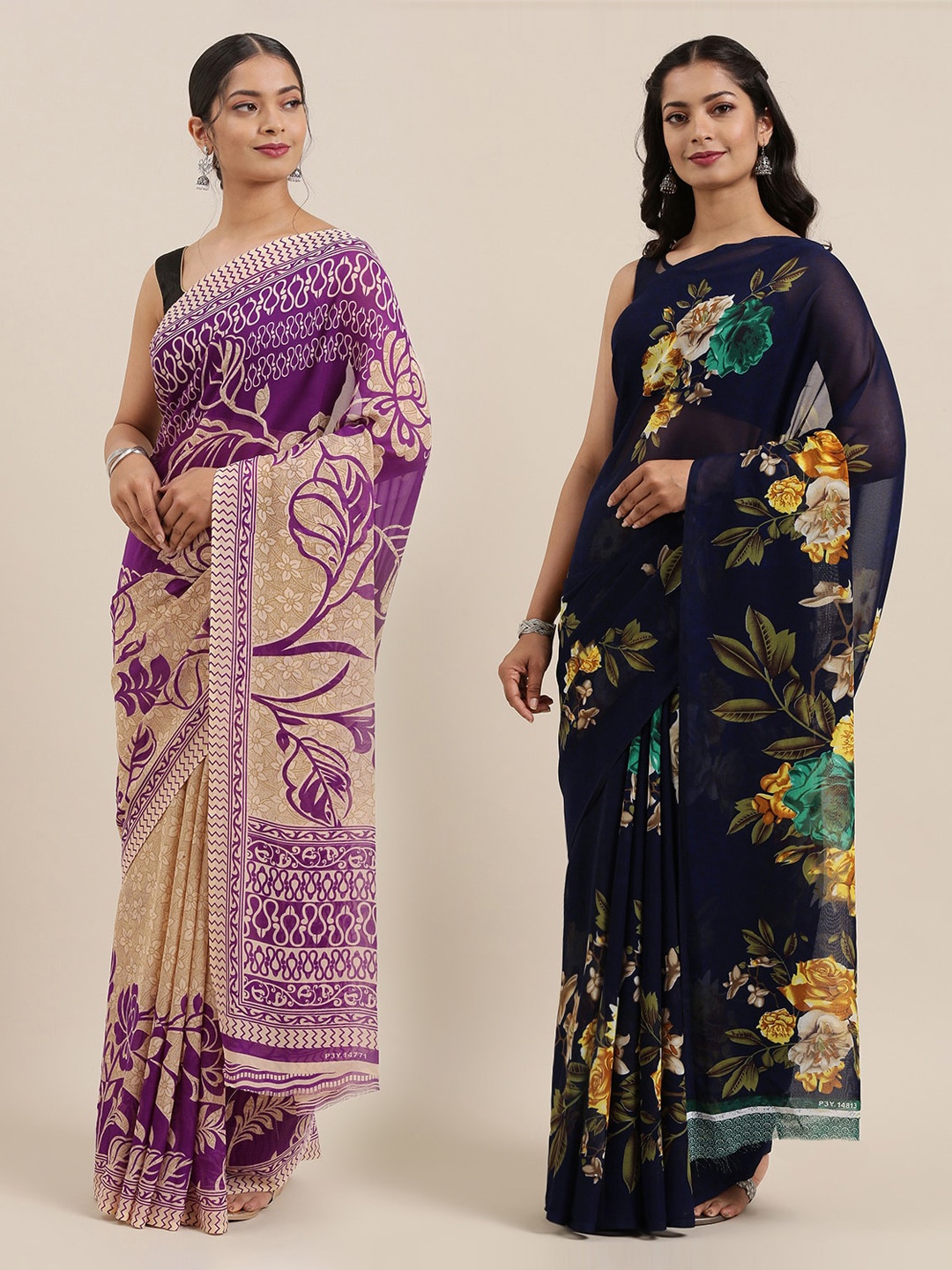 

KALINI Women Pack of 2 Printed Sarees, Navy blue