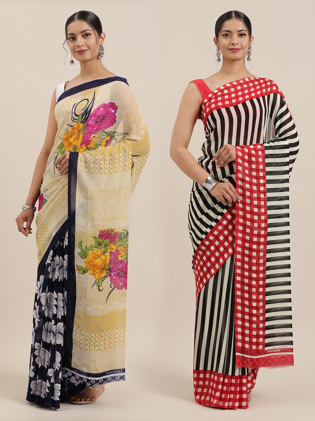 

KALINI Women Pack of 2 Printed Sarees, Beige