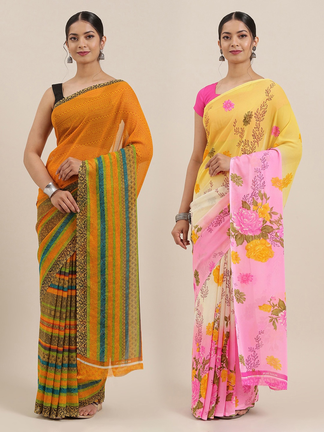 

ANAND SAREES Women Pack of 2 Printed Sarees, Mustard