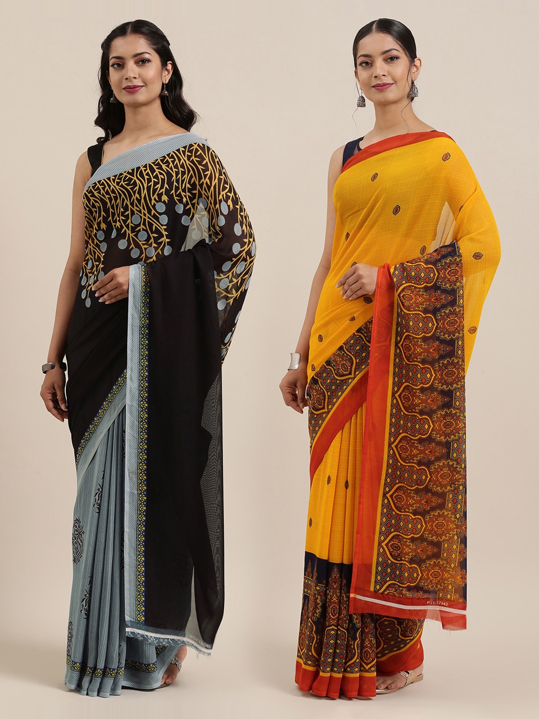 

KALINI Women Pack of 2 Printed Sarees, Black