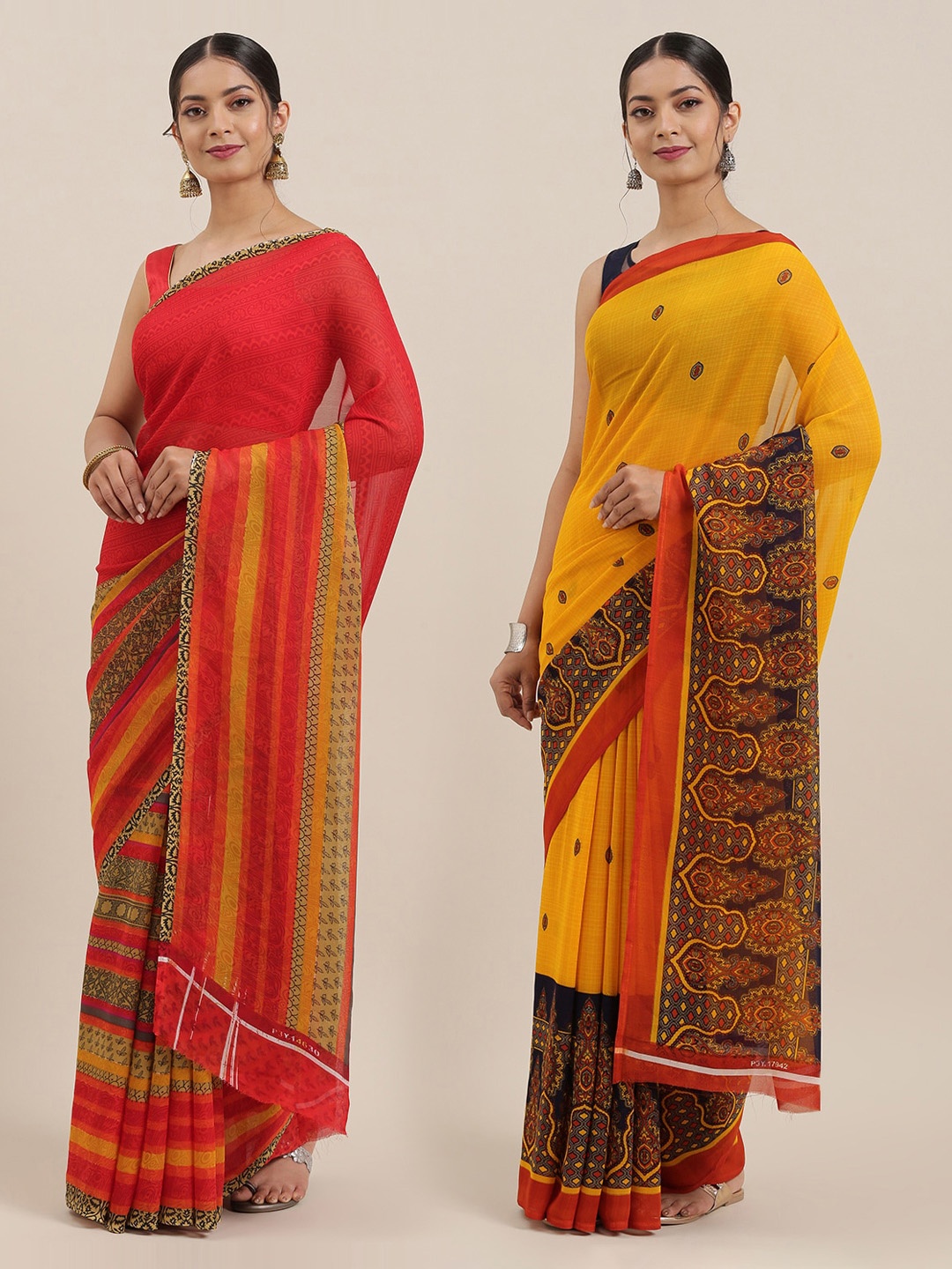 

KALINI Pack of 2 Printed Sarees, Red