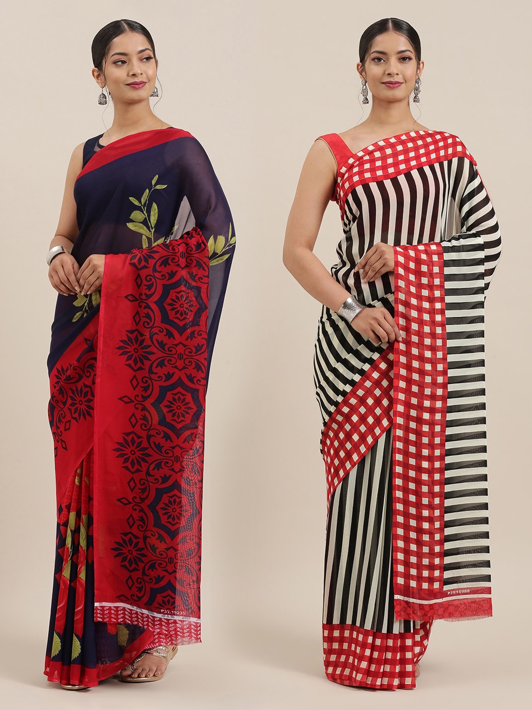 

KALINI Pack of 2 Printed Sarees, Navy blue