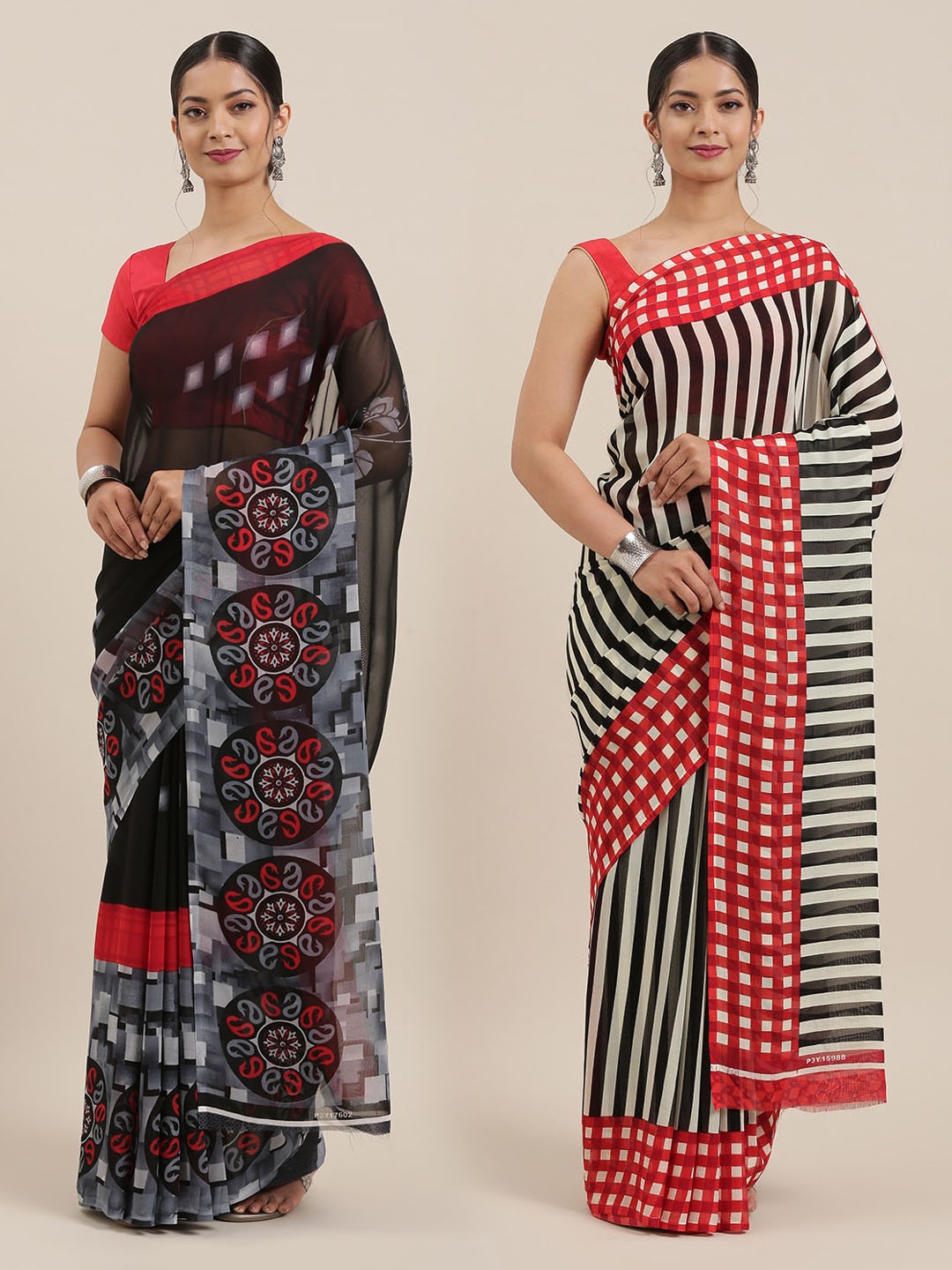 

KALINI Pack of 2 Printed Sarees, Black