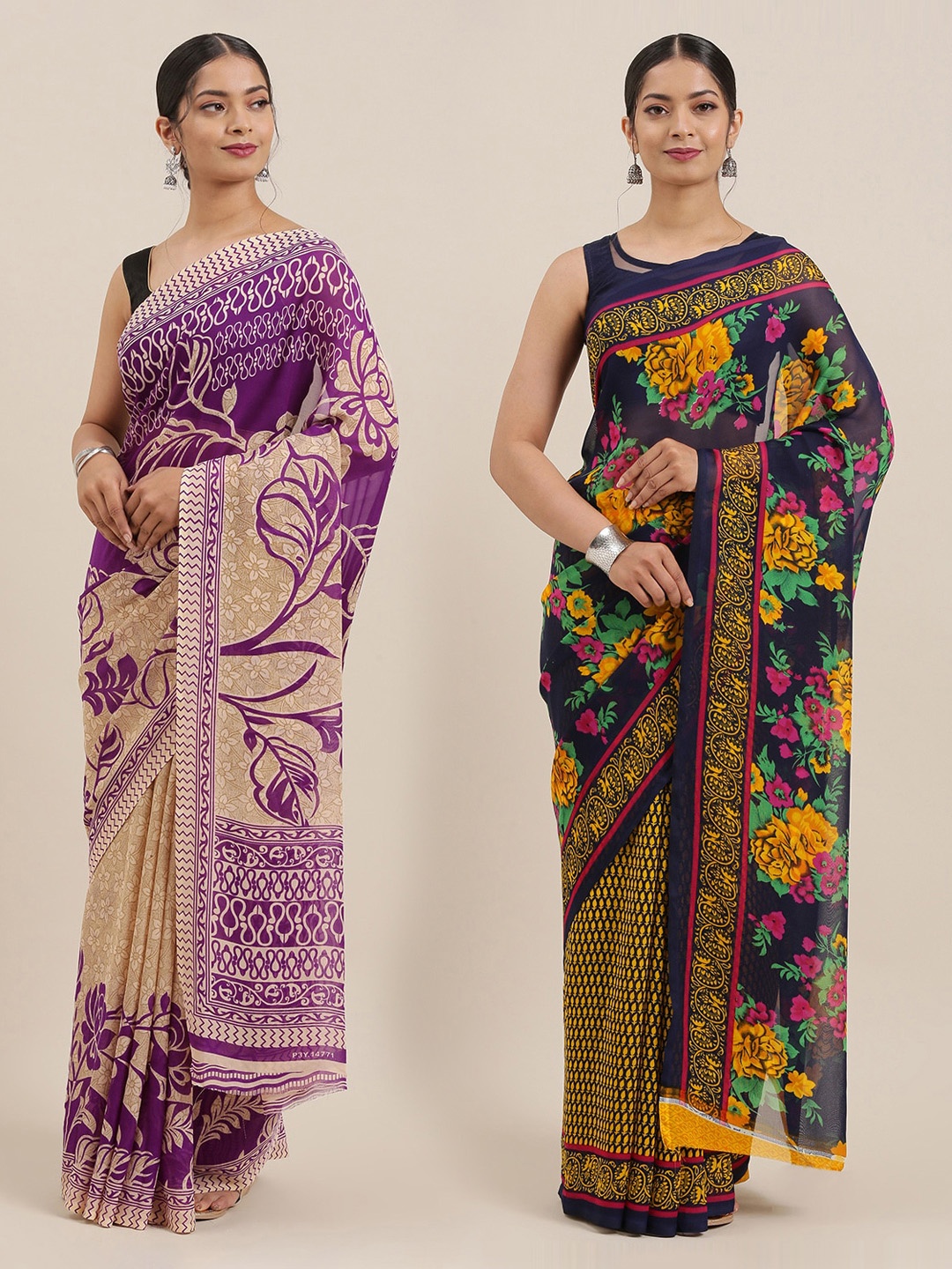 

KALINI Pack of 2 Printed Sarees, Purple