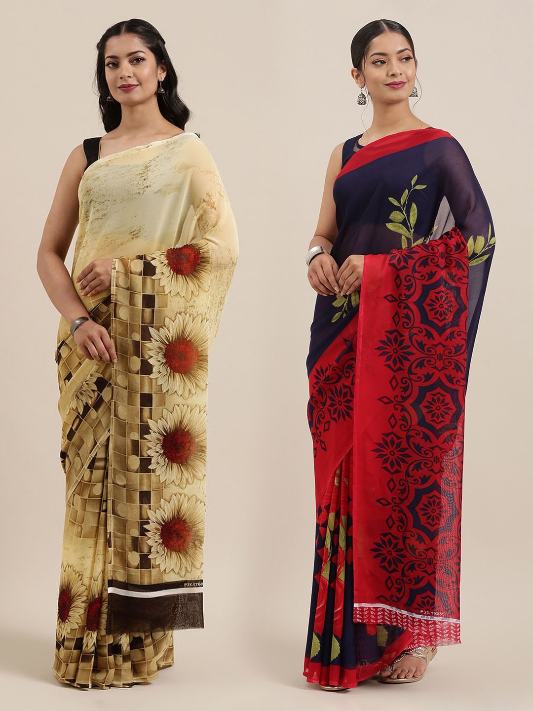 

ANAND SAREES Pack of 2 Printed Sarees, Beige