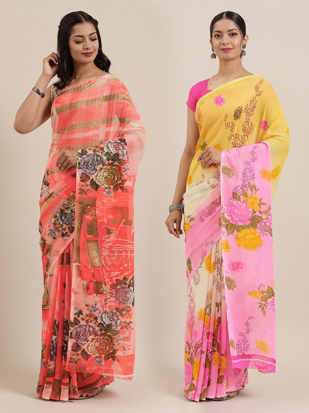 

ANAND SAREES Pack of 2 Printed Sarees, Coral