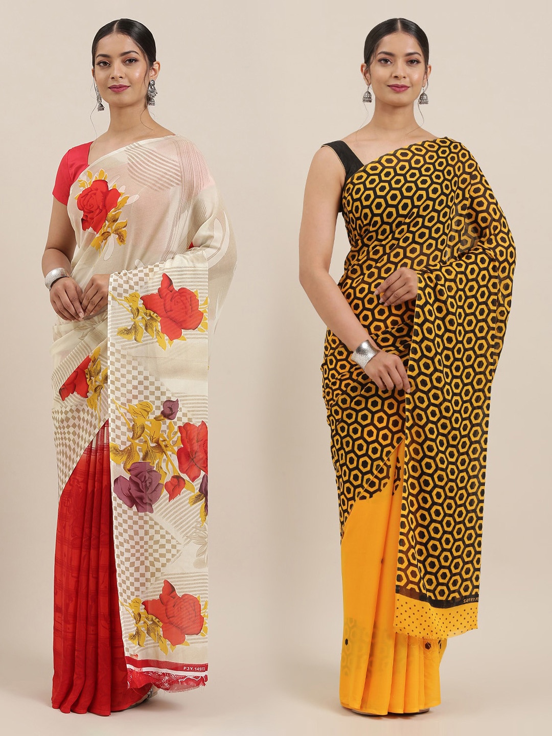

KALINI Pack of 2 Printed Sarees, White