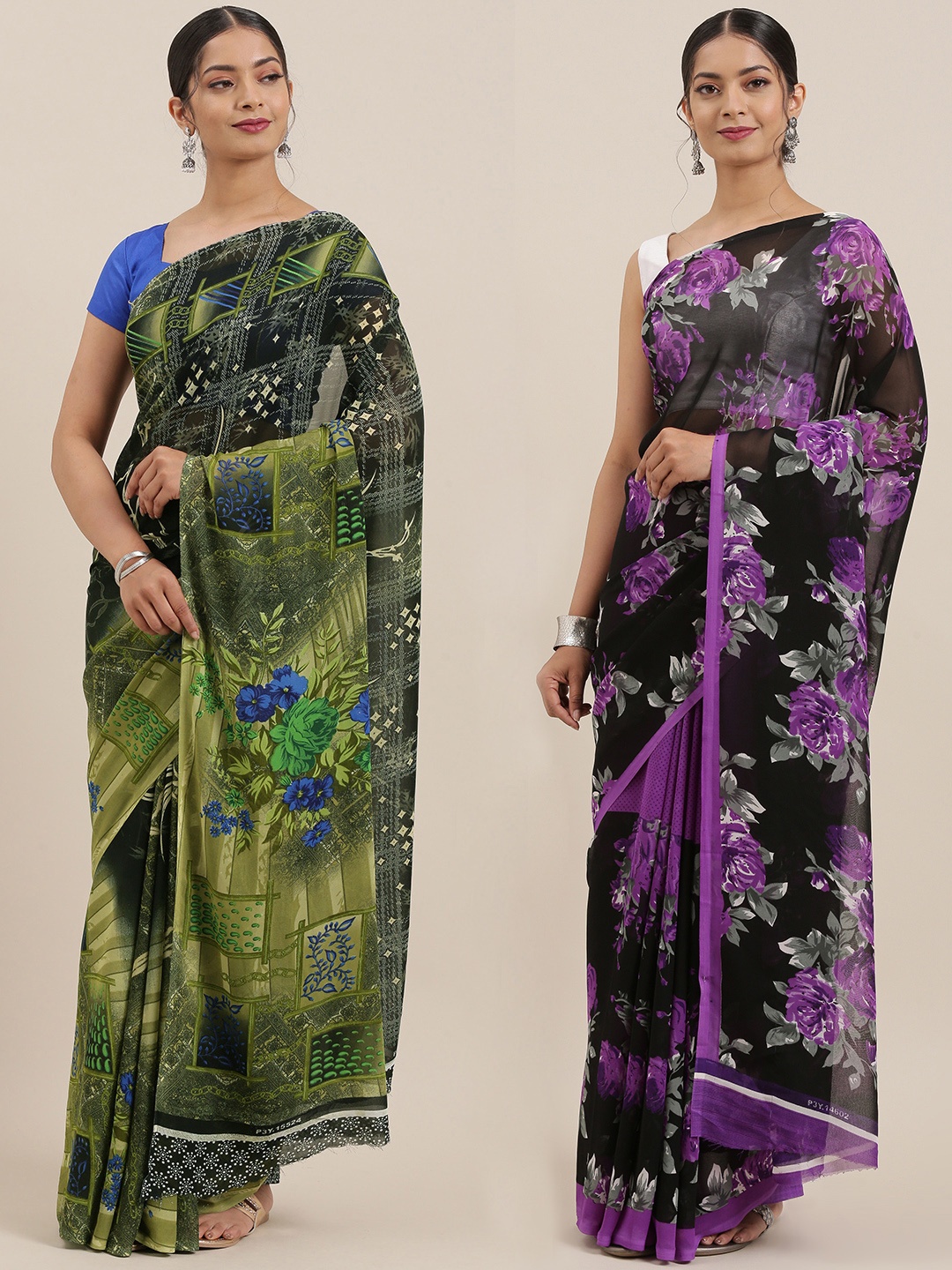 

KALINI Pack of 2 Printed Sarees, Black